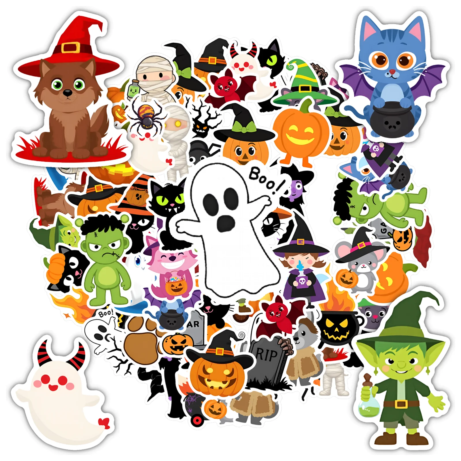 35pcs-50pcs Spooky Monsters Stickers Playful Witches Graffiti Decals Stationery Stickers For Notebook Luggage Mobile Phone Cup