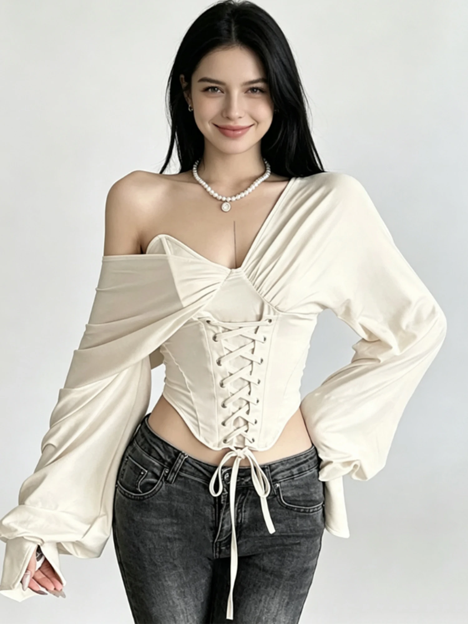 

Women's Apricot Off Shoulder Long Sleeve T-shirt Irregular Cropped Tee Top Sexy Vintage Y2K Gyaru Lace-up Corseted T Shirt 2026