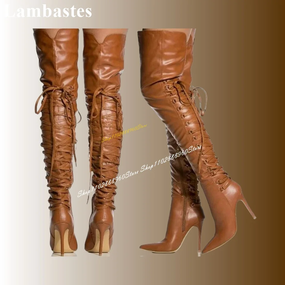 

Over The Knee Cross Tied Brown Leather Stylish Boots Thin High Heel Women Shoes Side Zipper Pointed Toe 2024 Zapatos Para Mujere