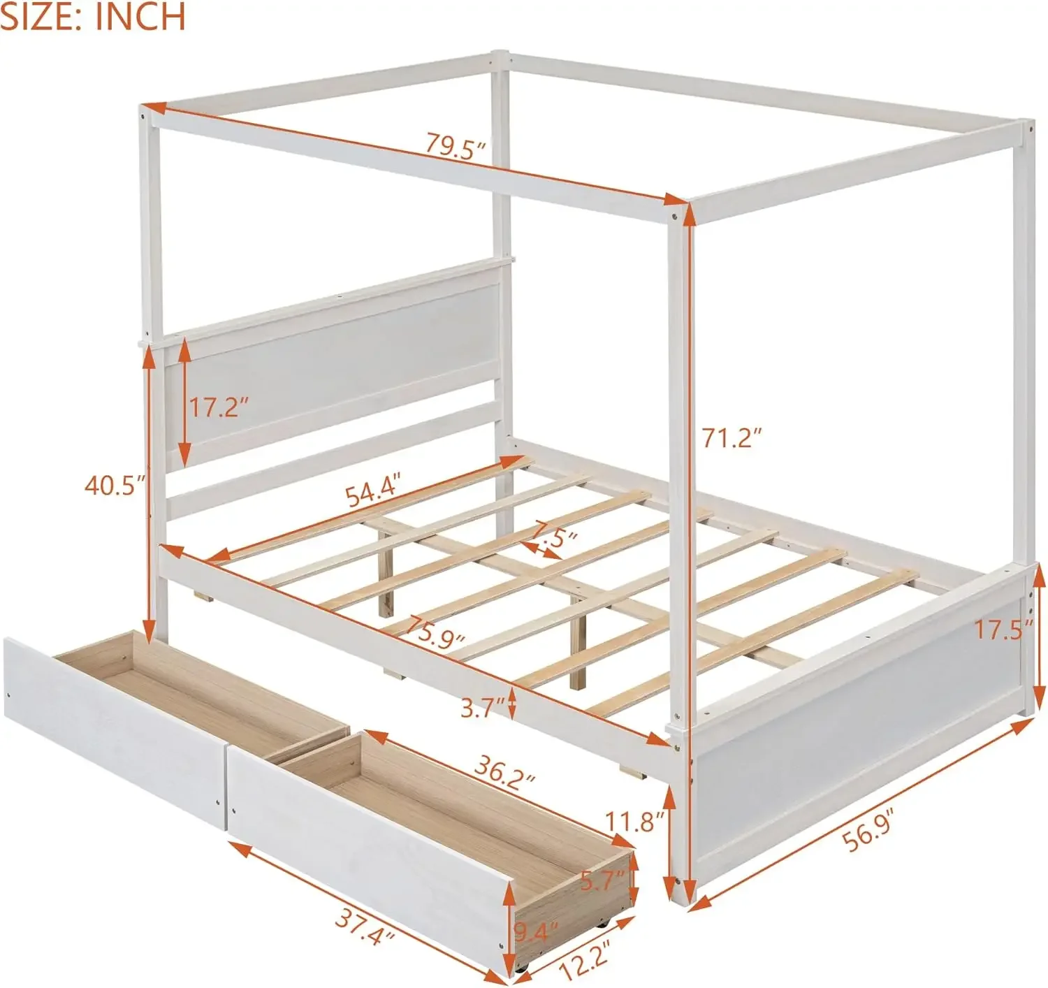 Full Size Canopy Bed Frame with 2 Drawers,Wooden Canopy Bed with Storage,Four Post Bed with Headboard for Kids Girls