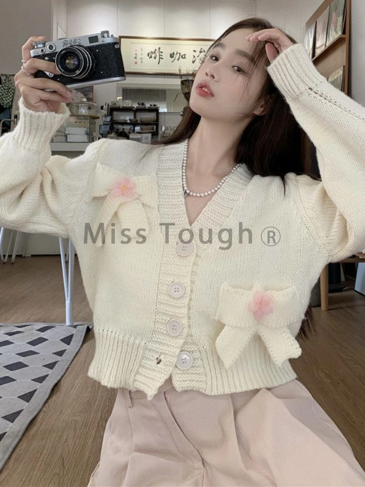 Kniited Japanese Kawaii Loose Cardigan Women Sweet Party Bow Elegant Tops Female Korean Designer Long Sleeve Solid Clothing 2023