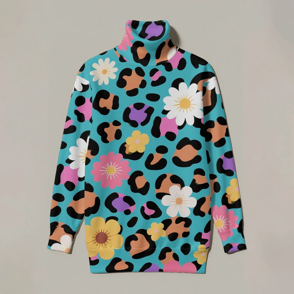 

Красочный леопардовый свитер с цветочным принтом, повседневный топ с высоким воротом и длинными рукавами, богемный свободный крой, модная уличная одежда