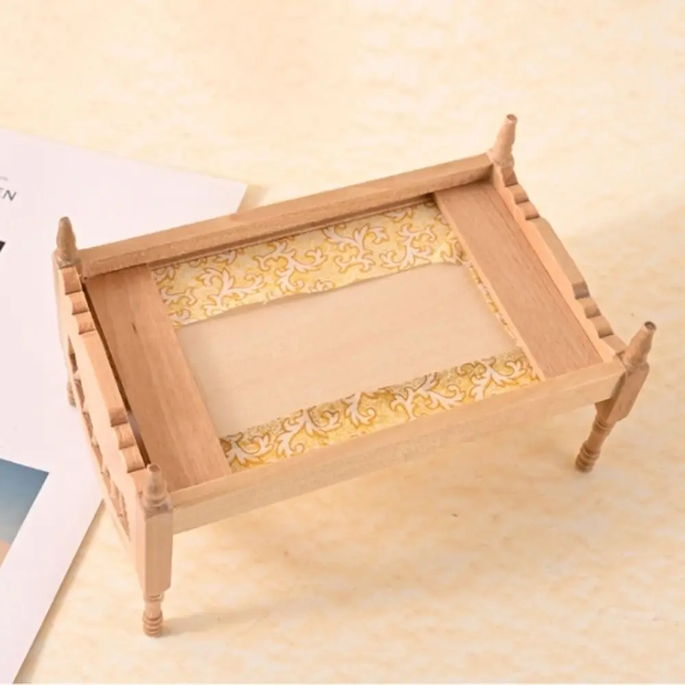 

Play House 1:12 Dollhouse Wood Bed Scene Decor Bedroom Miniature Wood Bed Ornaments DIY Simulation Single Bed Pretend Play