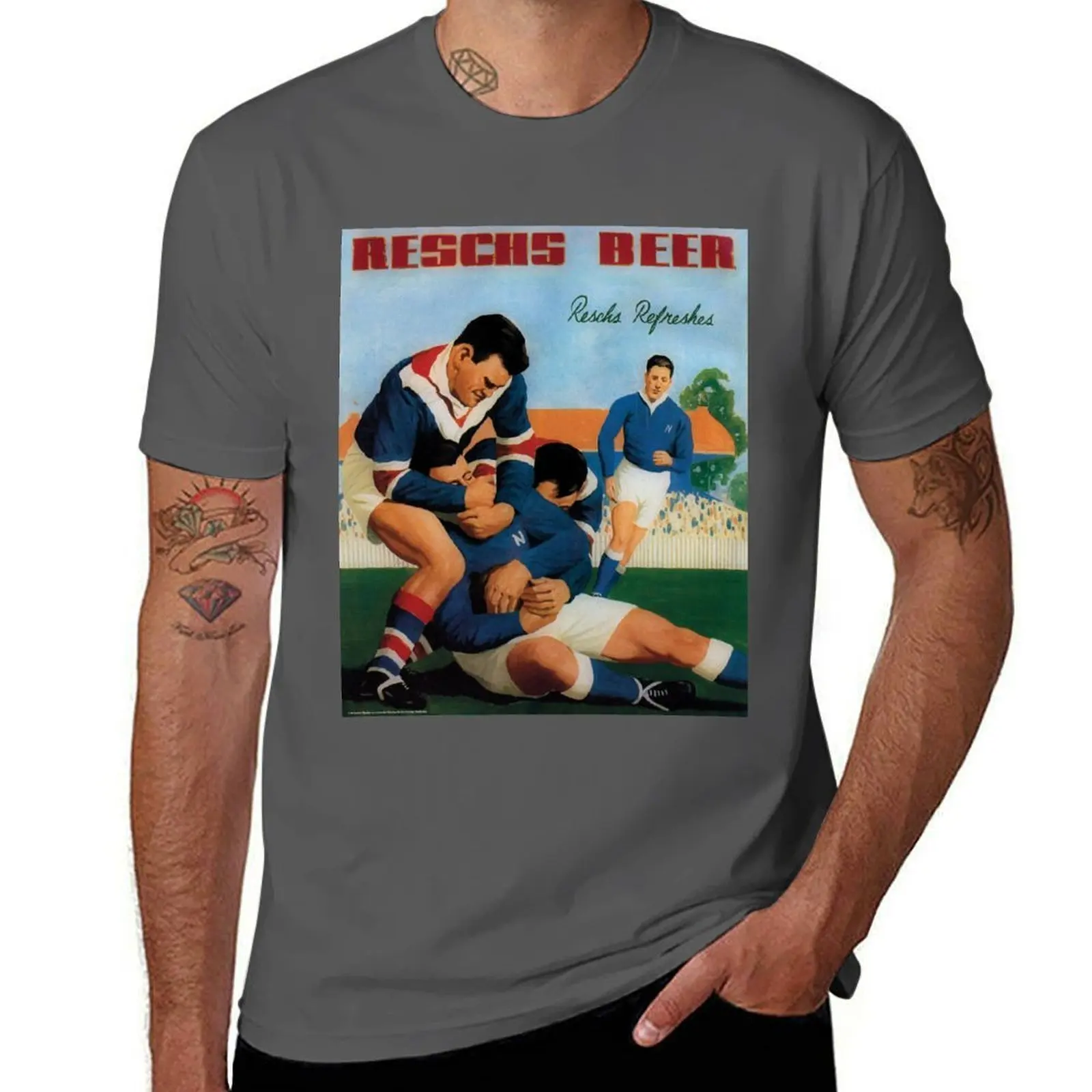 

Reschs Beer 1930s advertisement - footballers headlock T-Shirt men t shirt cotton 100% cotton tshirt 100% T-Shirt