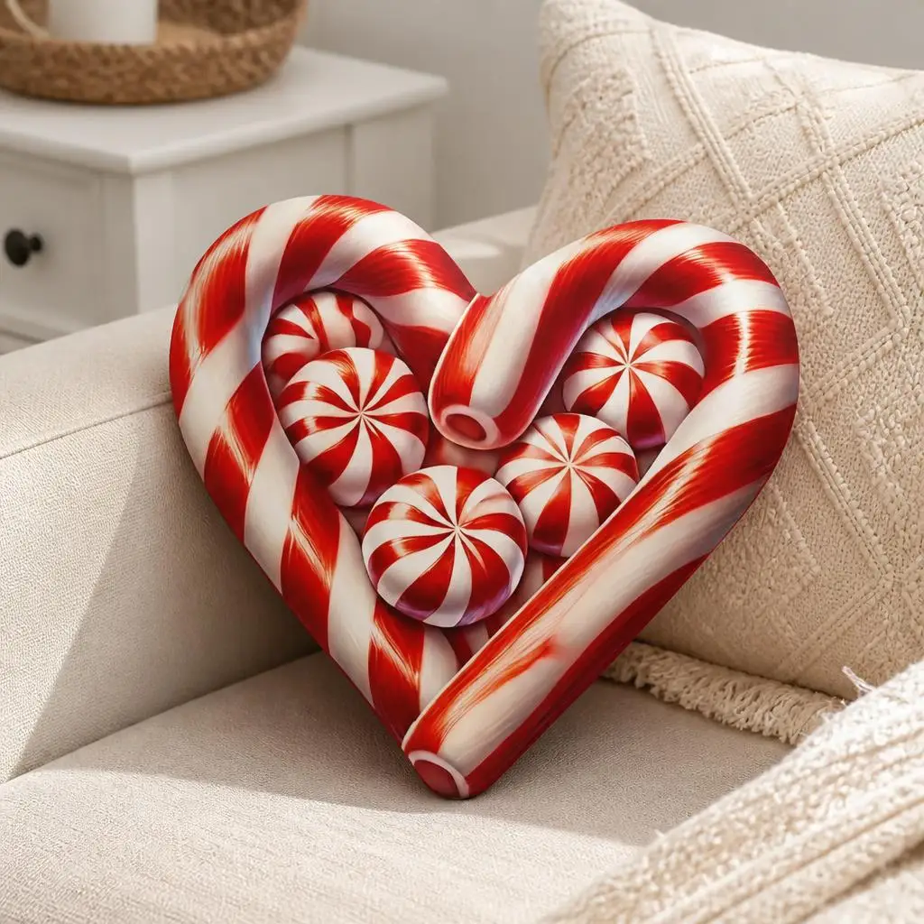 Christmas Candy Cane Heart Shaped Throw Pillow Peppermint Candy Cushion Stuffed Decorative Pillow for Holiday Home Decor