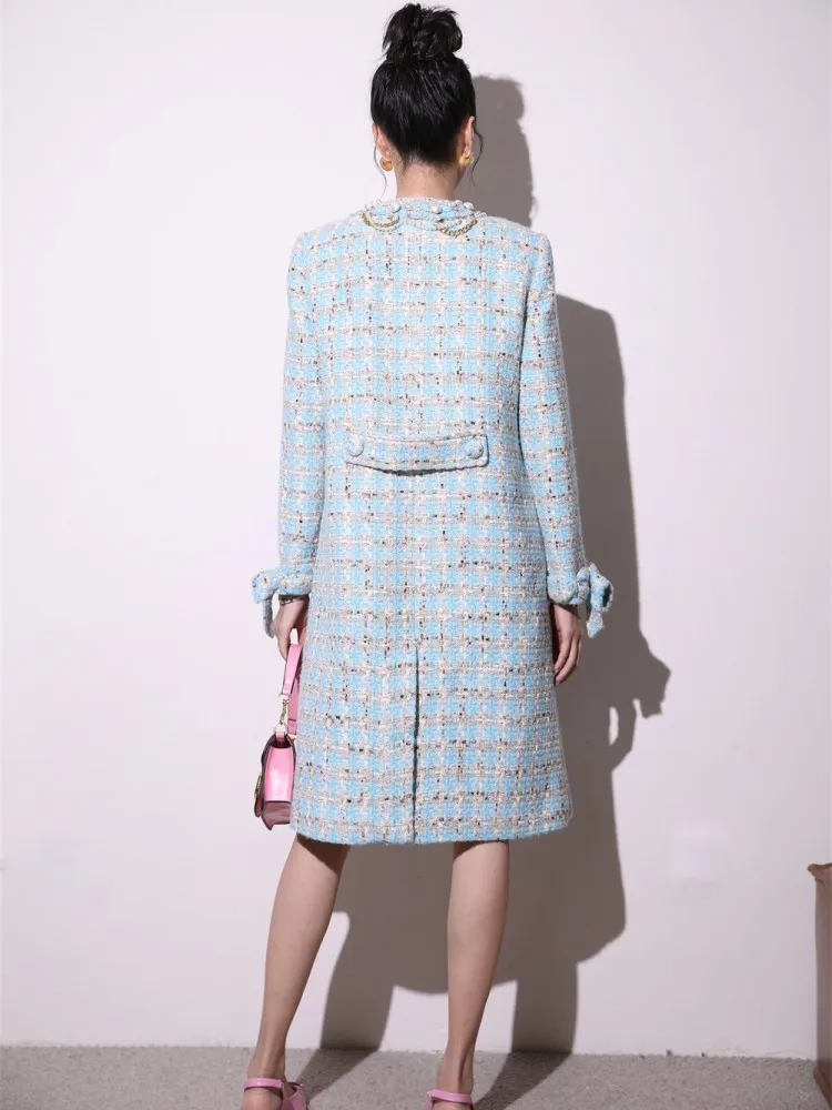 Women O-Neck Top Quality Tweed Jacket Light Blue Plaid Coat Fashion Elegant Knee Length Overcoat Chain Pearls Autumn Party Coats