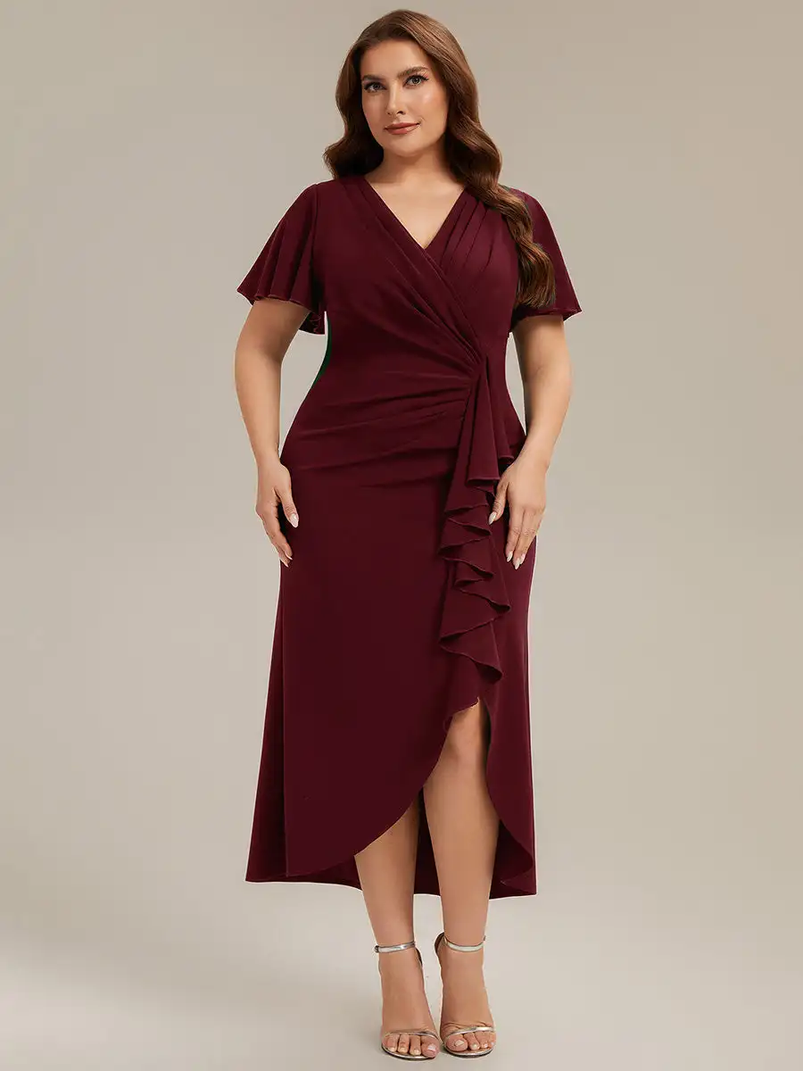 short-sleeve-ruffle-deep-v-neck-bodycon-maxi-wedding-guest-dresses
