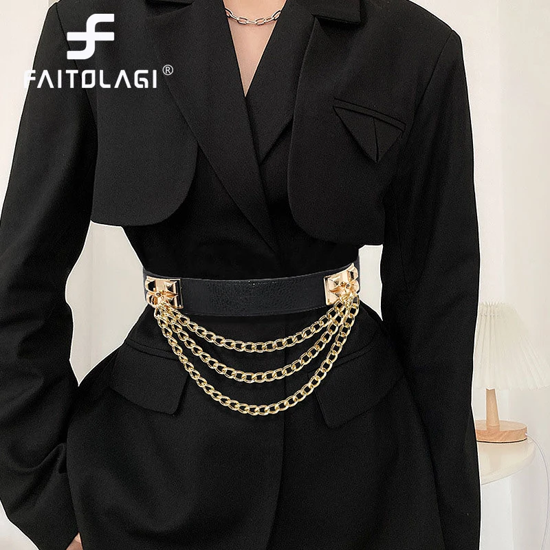 Multilayer Gold Metal Chains Women Belt Black PU Leather Elastic Wide Waist Straps Punk Rivet Belts Suit Decor Dress Waistbands