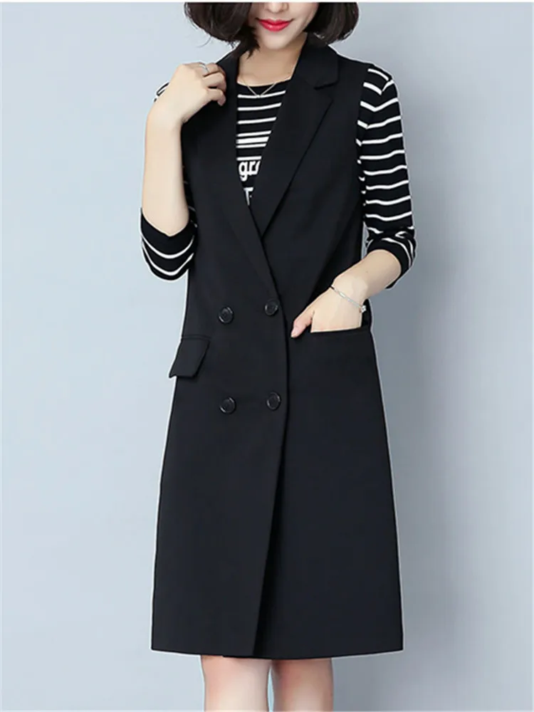 جديد المرأة منتصف طول صدرية الكورية ربيع الخريف جاكيت بلا إكمام الإناث سترة سوداء ملابس خارجية مزدوجة الصدر أبلى