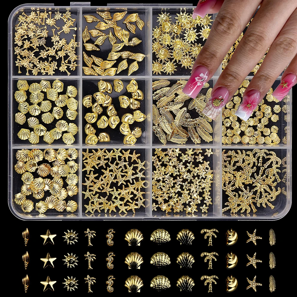 12 Shapes Mix Metal Nail Art Studs 3D Ocean Theme Design Gold Shell Seahorse Starfish Conch Alloy Nail Rivets Manicure Decor