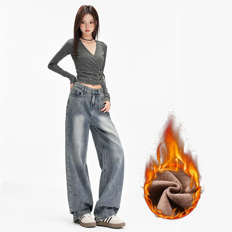 Vintage Baggy Hohe Taille Fleece Jeans Frauen Y2K Breite Bein Übergroßen Harajuku Beliebte Mode Winter Streetwear Männer Jeans Hosen