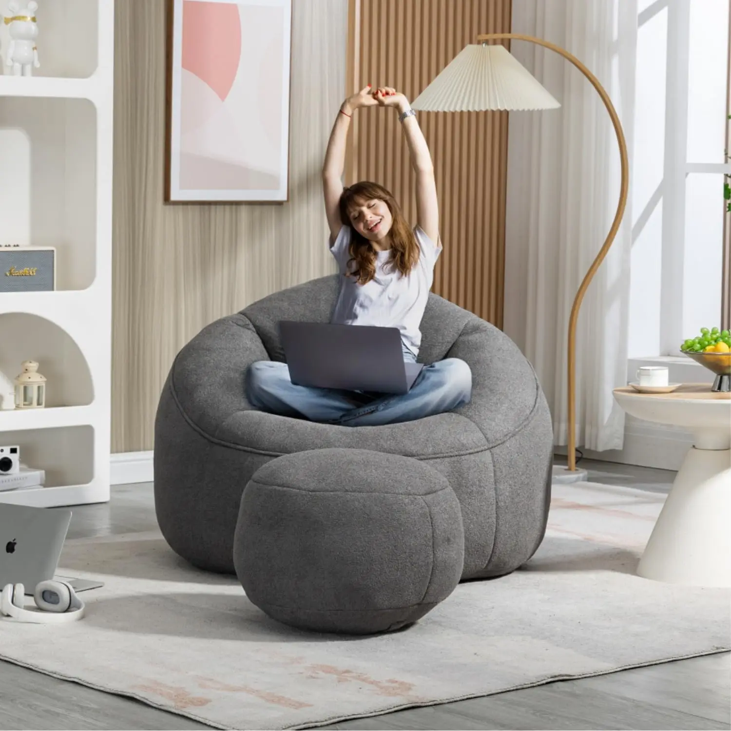 HMFULE Bean Bag Chair with Ottoman, Comfy Foam Sofa for Living Room or Bedroom, Modern Grey Accent Chair