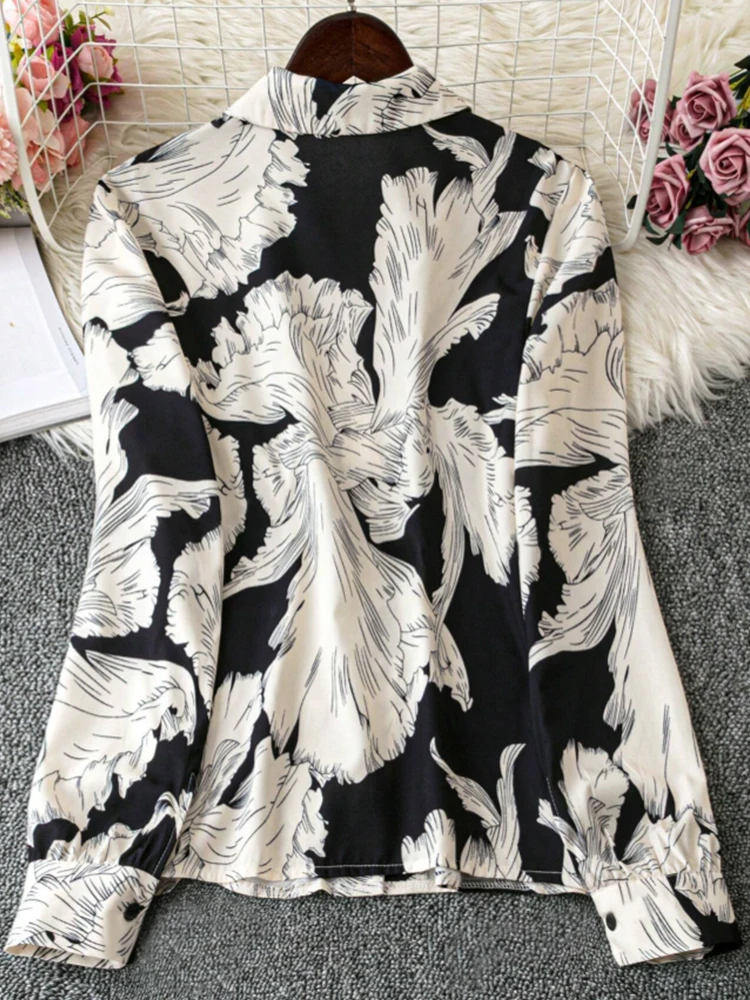 Moda elegante floral impressão faixa camisa para mulheres primavera verão roupas sazonais senhoras camisa