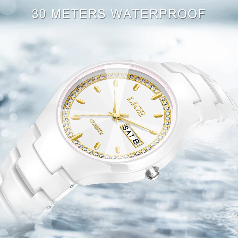 LIGE Top Brand Luxury Women's Watches Elegant Ceramic Steel Waterproof Bracelet Quartz Watch Gift For Women Relogio Feminino+BOX