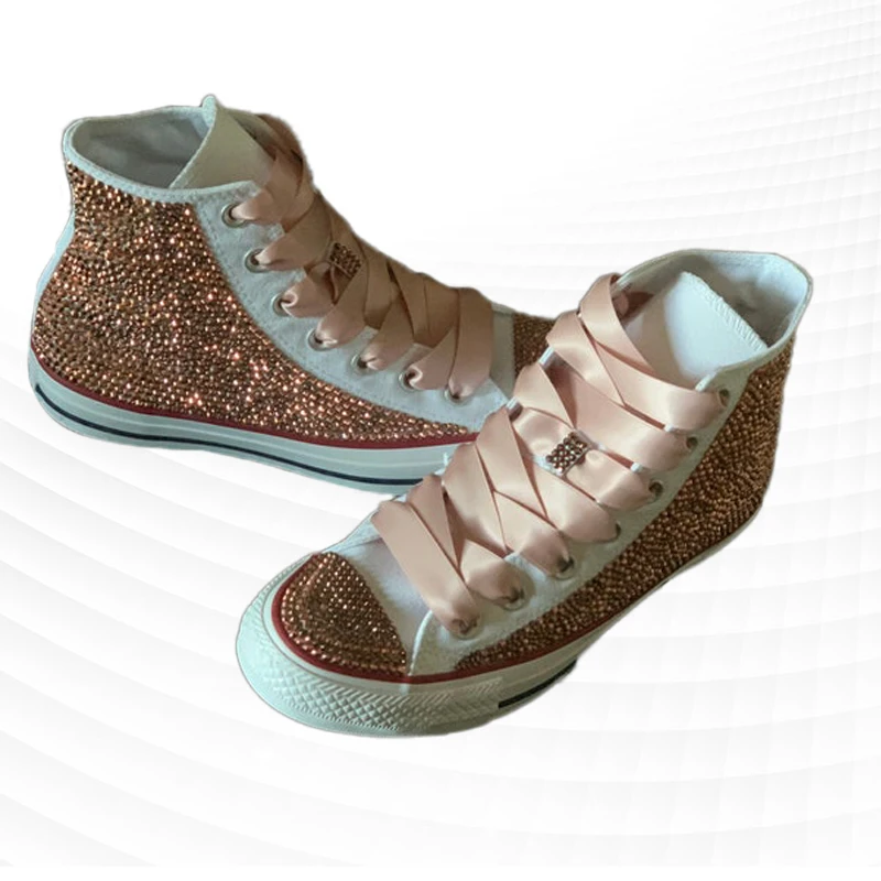 Beige White High Top Sneakers Rhinestone Ribbon Canvas Shoes Comfortable Walking Handmade Rhinestone Vulcanized Shoes 35-46