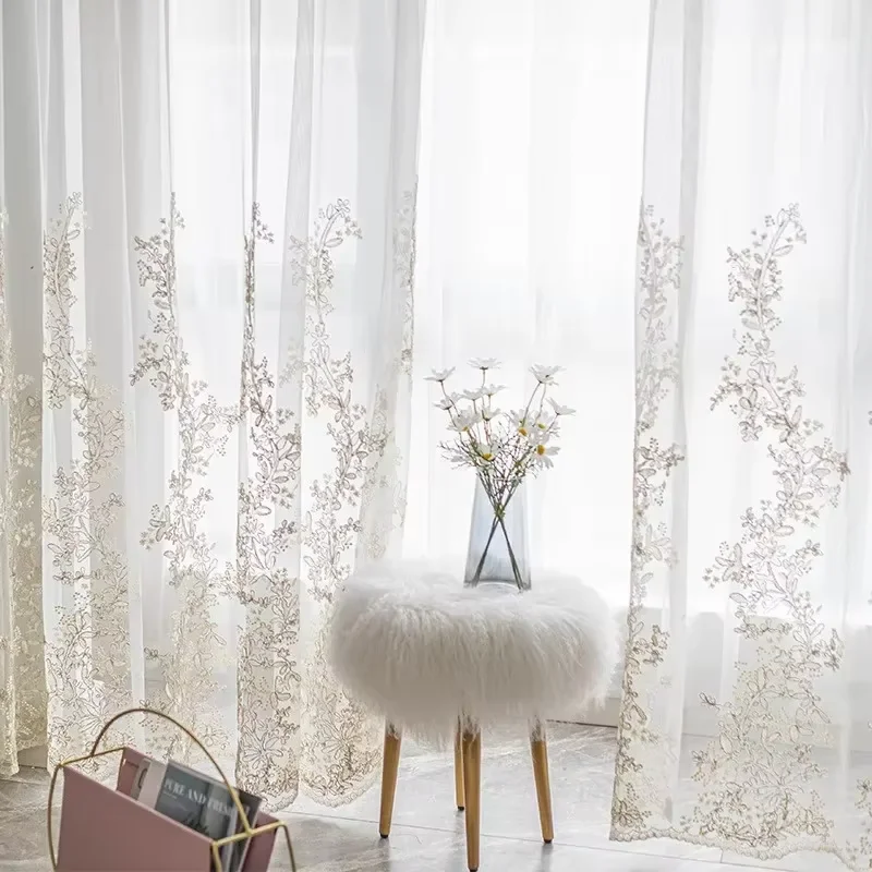 European Embroidery Lace White Tulle Sheer Curtain for Living Room Room Bedroom Balcony Window Luxury Yarn Voile Drapes Gauze