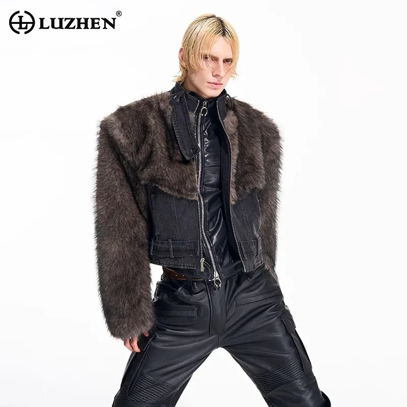 LUZHEN 2026 Winter New Original Streetwear Men's Fashion Personalized Denim Splicing Fur Stand Neck Jacket Handsome Coat JY9494