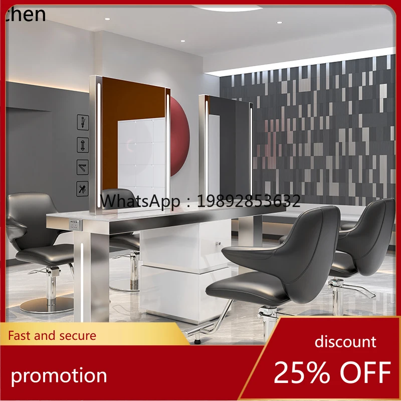

YFY Barber Shop Mirror Lig Mirror Hair Salon Perm, Dyeing and Cutting Hair with Cabinet Integrated Double-sided Mirror Table