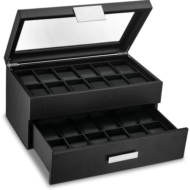 Watch Box for Men - 24 Slot Luxury Display Case Organizer, Carbon Fiber Design -Metal Buckle for Mens Jewelry Watches