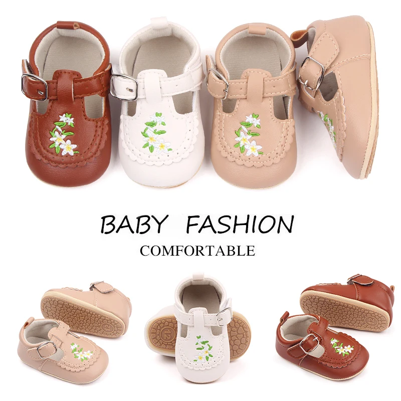 New Arrival Soft PU Leather Anti-slip TPR Sole Newborn Toddler Kids Girl Shoes Flower Embroidery Spring and Autumn New Fashion