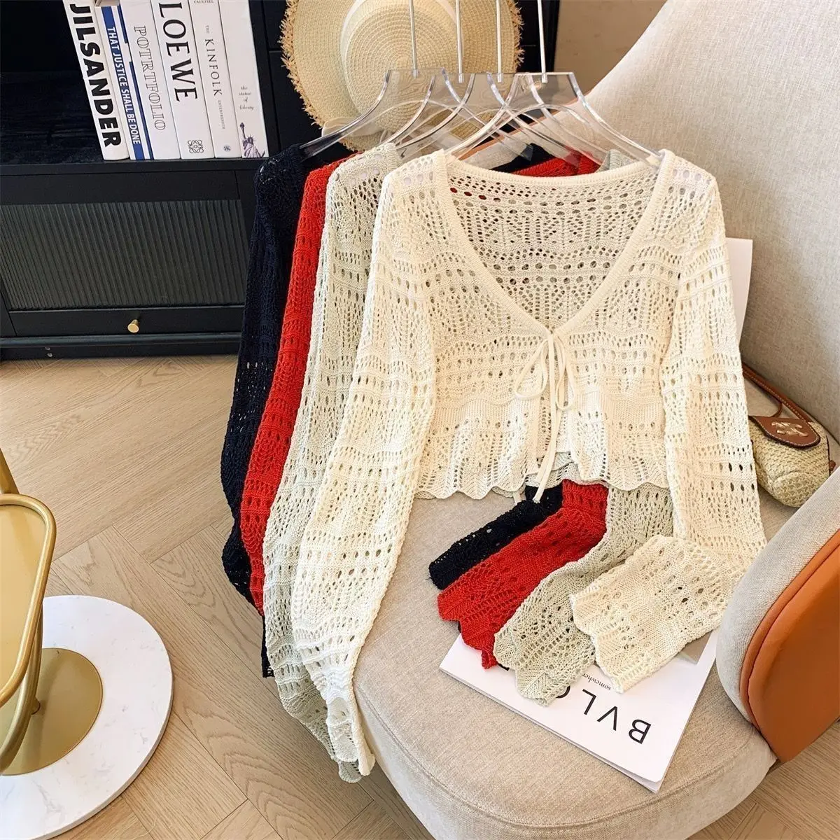 Damen Strick-Cardigan mit langen Ärmeln und UV-Schutz, sexy Hohlstrick-Jacke mit Schnürung, V-Ausschnitt, vielseitiger Schal-Top für den Sommer 2026 – Detail 7