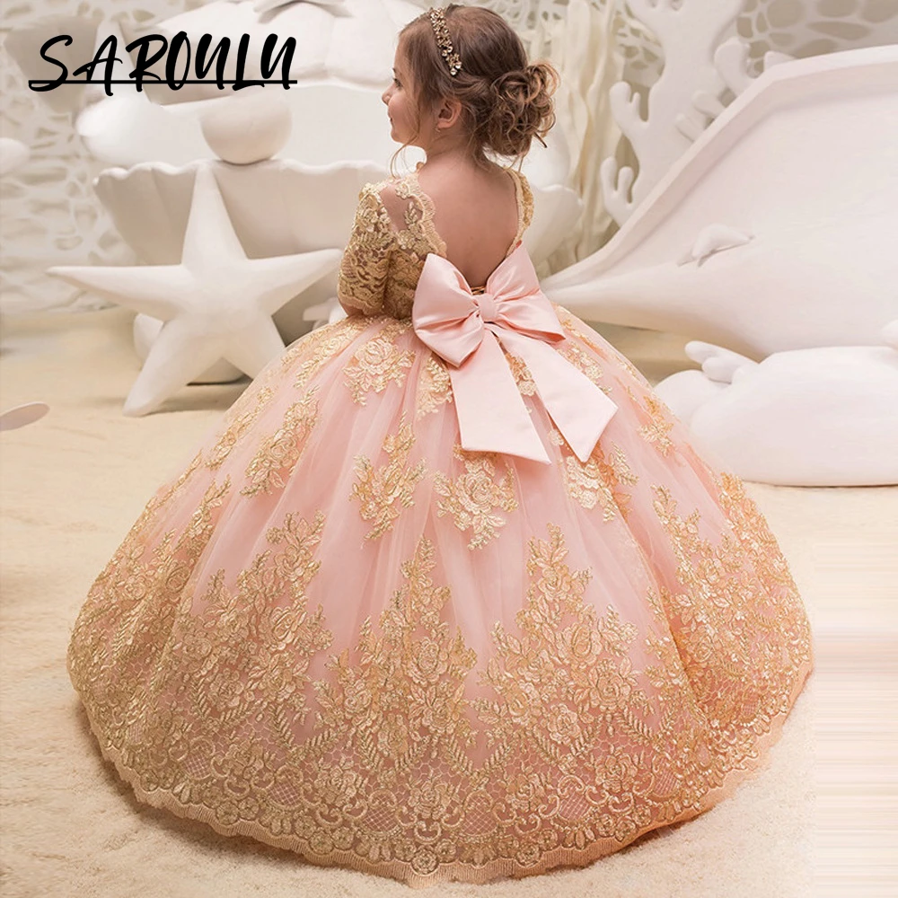 Luxury Gold Lace Appliques Wedding Flower Girls Dress Half Sleeves Designer Ball Gown Prom Dress For Children Birthday Gown