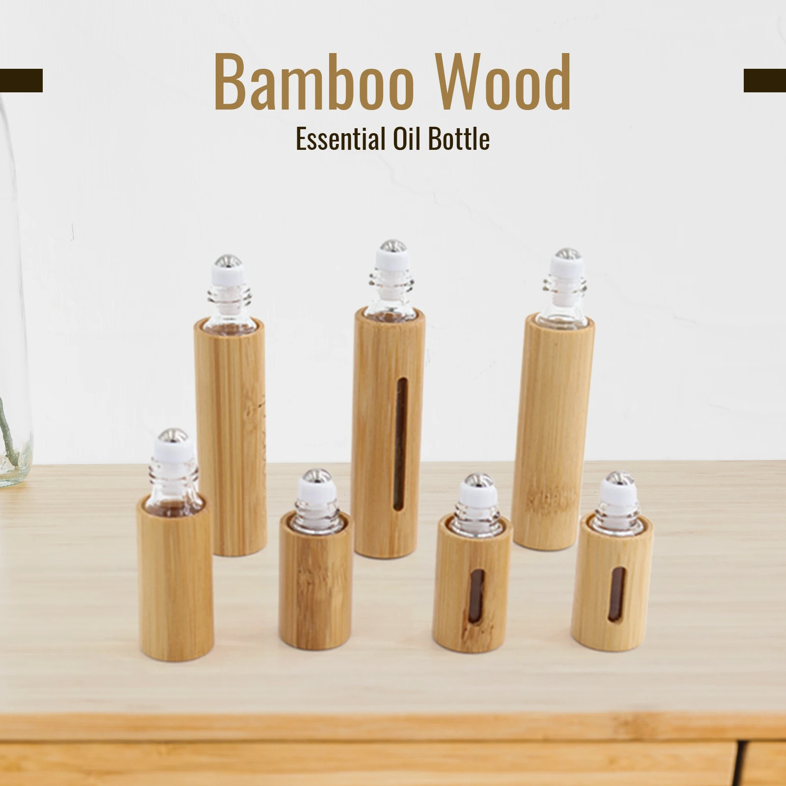 Botellas de bambú con rodillo de 5 piezas, botellas vacías de muestra de Perfume de aceite esencial con bola de Metal/vidrio, contenedores cosméticos de 3/5/10ML