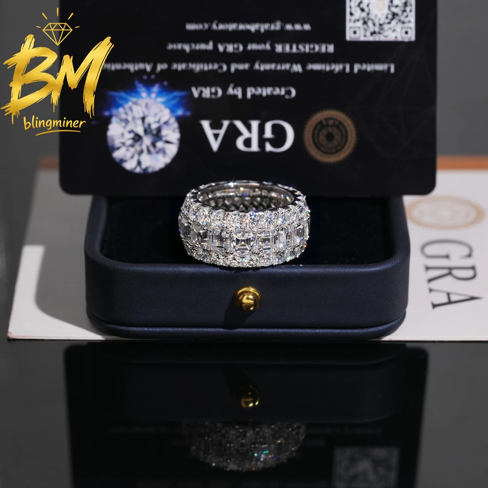 Blingminer  Big Asscher Cut VVS Moissanite Rings For Men Women S925 Silver Finger Jewelry Pass Diamonds Tester Free Shipping