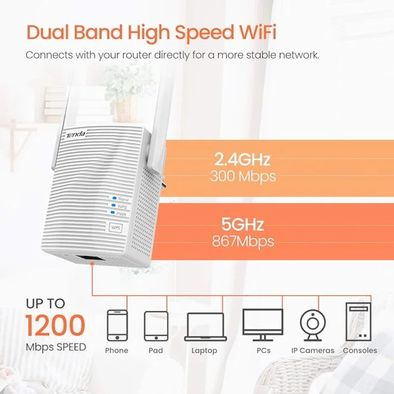 Tenda A18  Dual-Band AC1200 WiFi Range Extender with Ethernet Port, WiFi Signal Booster Covers Up to 1300 Sq.ft and 20 Devices