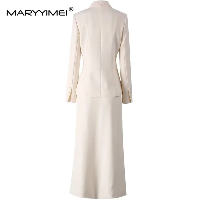 MARYYIMEI Women's Elegant office and Business Suit Long-Sleeved Single Breasted Tops+Straight Skirt Formal occasion 2 piece set