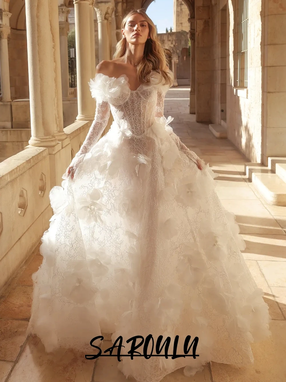 

Luxury 3D Floral Lace Wedding Gown Off Shoulder Long Sleeve Backless A Line Tulle Wedding Dress For Bride Photoshoot Customized