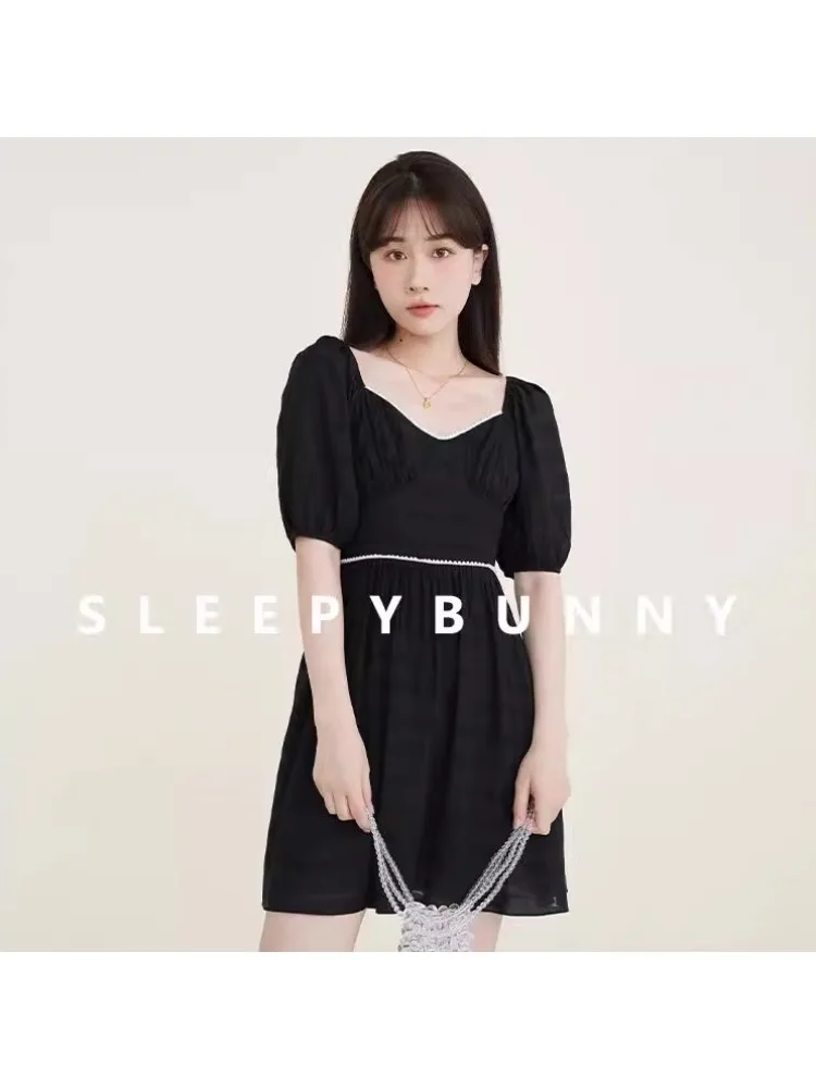 

Vintage Black Puff Sleeve Dress Women Sweet Lolita High Waist Midi Sundress Soft Japanese Style Elegant Summer Outfit Teen Girls