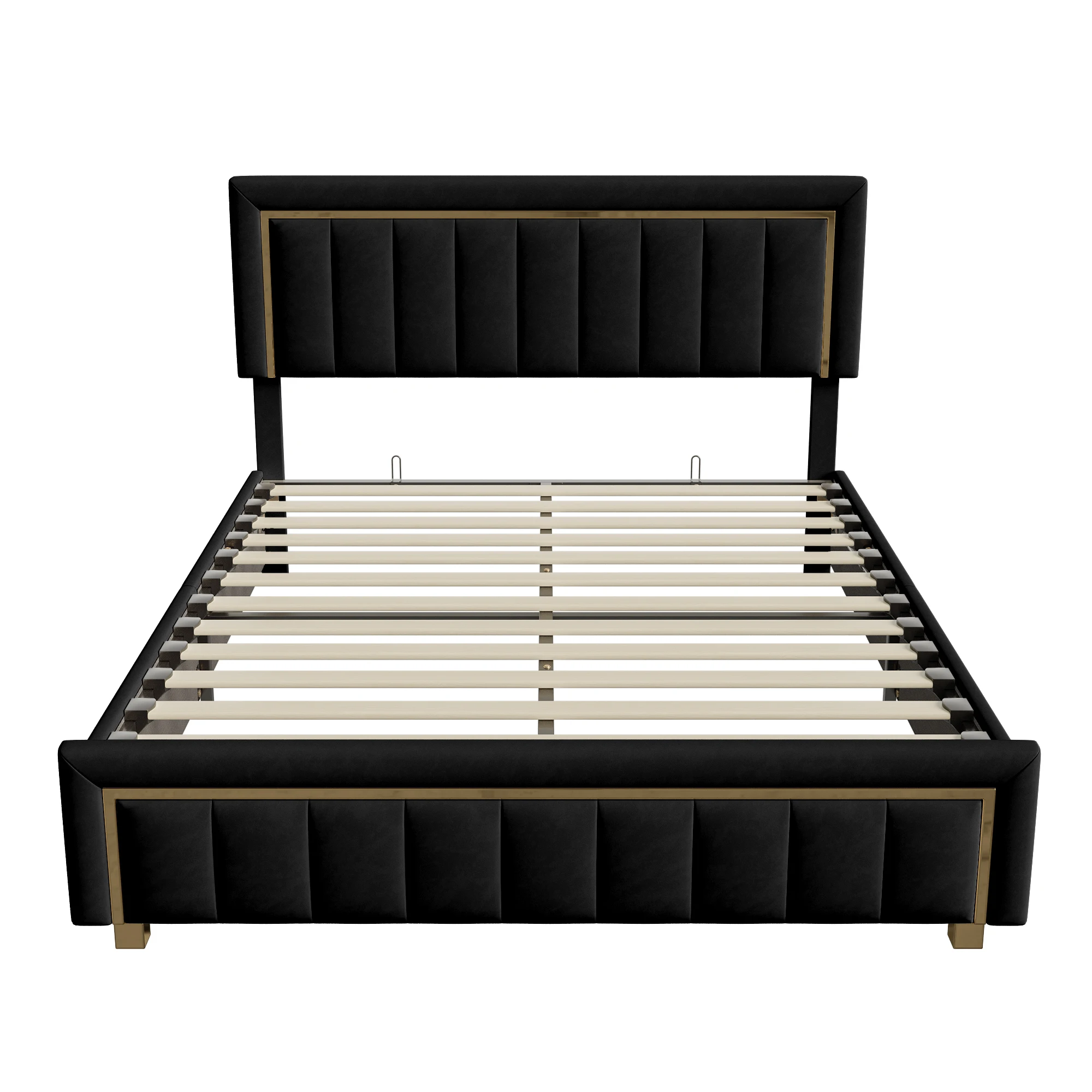 Comanlai Tweepersoonsbedframe, zwart fluwelen gestoffeerd bed, bed met verticale vergulde rand, opbergruimte onder het bed, 140/160x200cm