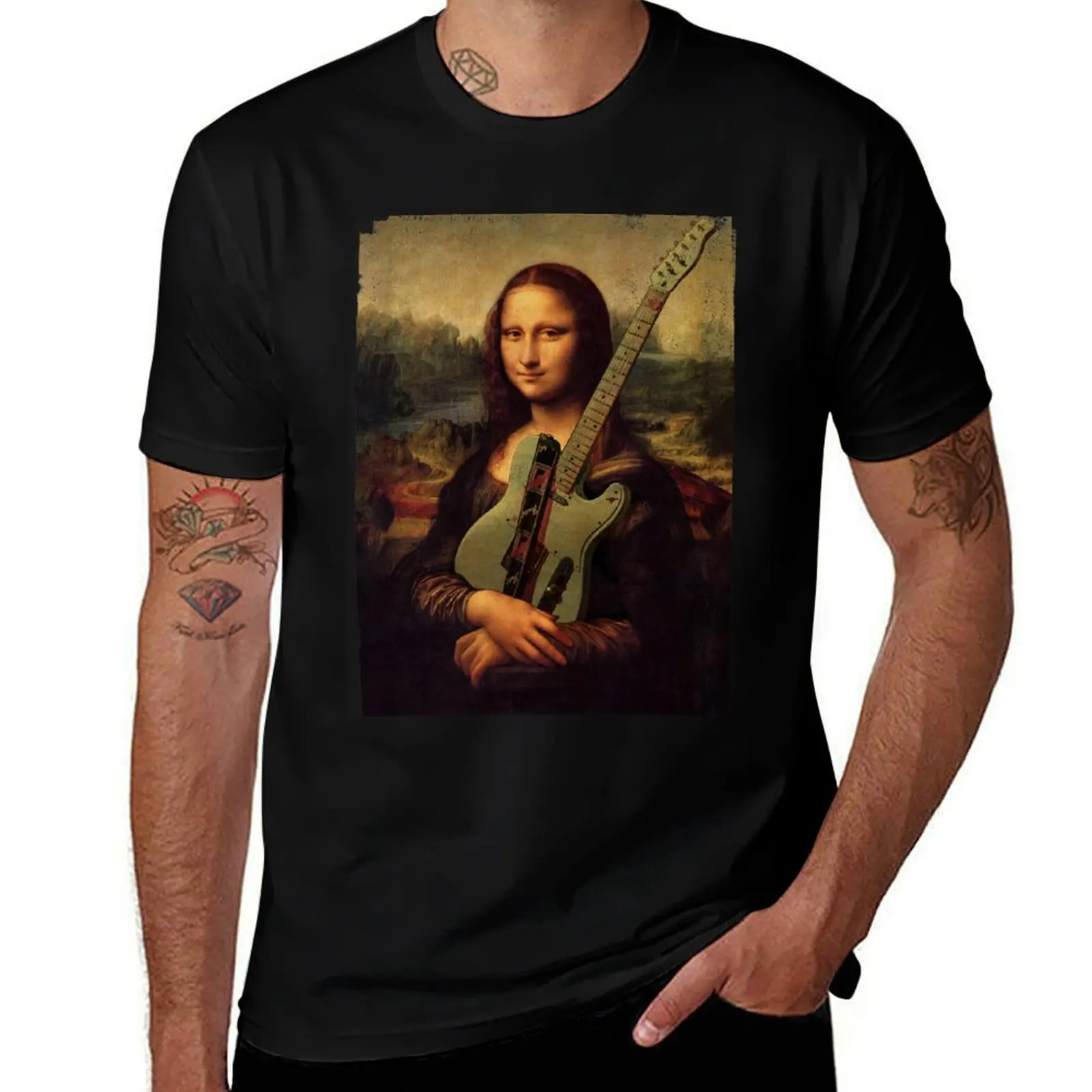 Mona Lisa with guitar, girl with vintage telecaster, guitar lover gift T-Shirt Comfortable Work Wear Tee