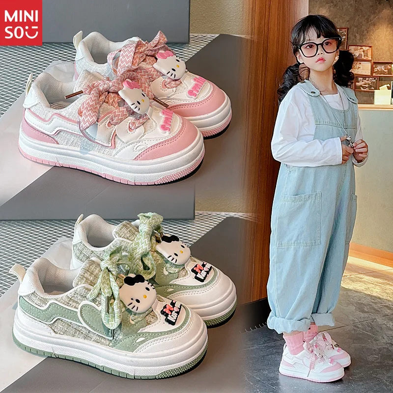 

Miniso парусиновая обувь Hello Kitty для девочек, повседневные повседневные кроссовки с героями мультфильмов, весенне-осенние новые модные нескользящие кроссовки на шнуровке
