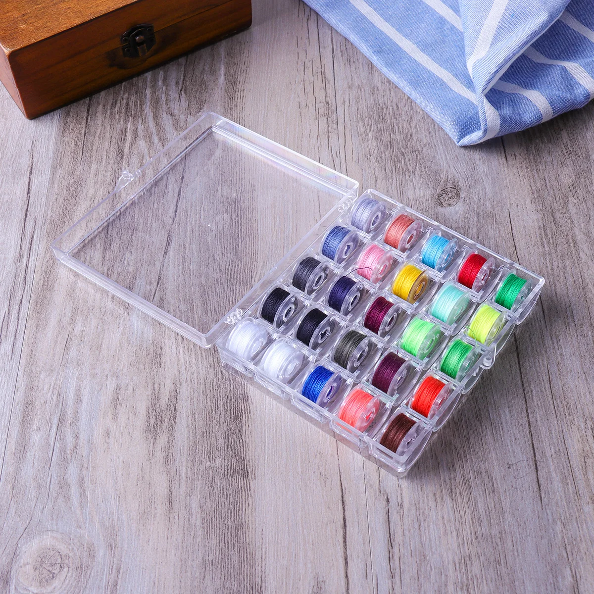 25Pcs Plastic Bobbin Spools Assorted Thread Colors Transparent Storage Case Organizer Domestic Sewing Machine Bobbin Holder Box