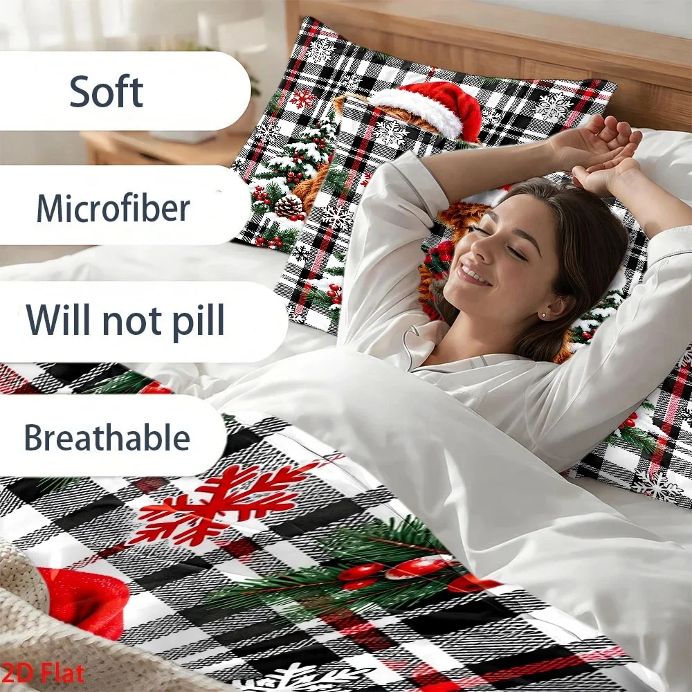 Black and White Plaid Christmas Bear Bedding Set (1*Duvet Cover + 2*Pillowcases), Festive Party Atmosphere Decoration, Suitable for All Seasons, Machine Washable, Invisible Zipper Design, Large Double Bed Cover Set, Suitable for Home, Dormitory, Master Bedroom, Guest Room, Ins-Style Japanese Floral and Animal Pattern Bedding, Specially Designed for Comfort and Skin-Friendly Bedding, Bedroom Decoration and Sleep Essentials, 2D Flat Print