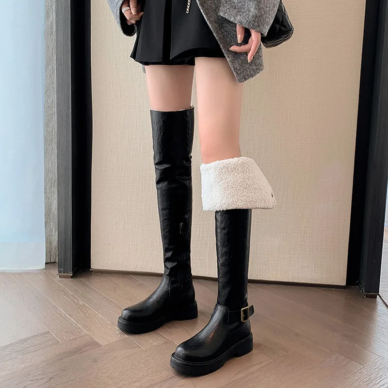 MKKHOU Fashion Over Knee Boots Women's New High Quality Genuine Leather Lamb Wool Warm Boots Winter Long Boots Snow Boots Women