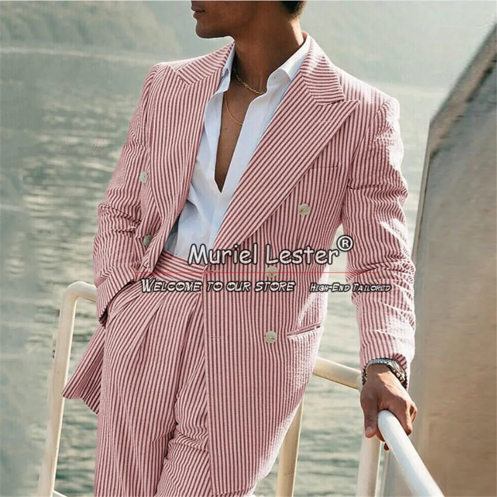 Summer Business Suit Men Double Breasted Jacket Pants 2 Pieces Groom Wedding Tuxedos Customized Striped Pattern Notch Lapel Coat