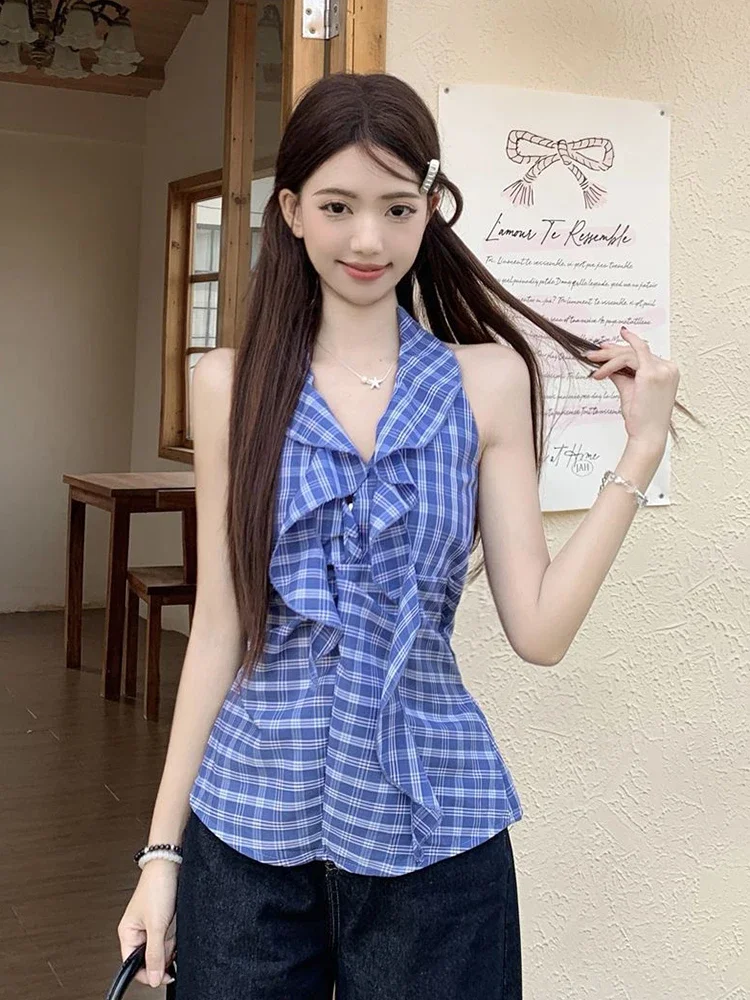 V Neck Ruffles Plaid Tanks Women Sexy Backless Bow Slim Vintage Tanks Tops Summer Korean Casual Halter Elegant Retro Tanks