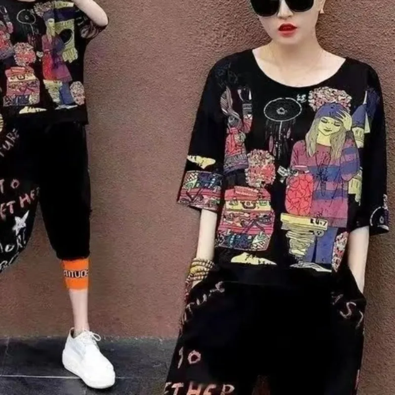 Fashion Women's Summer Round Neck Printed Short Sleeve Tops High Waisted Harlan Pants 2024 New Loose Casual Sports Two-piece Set