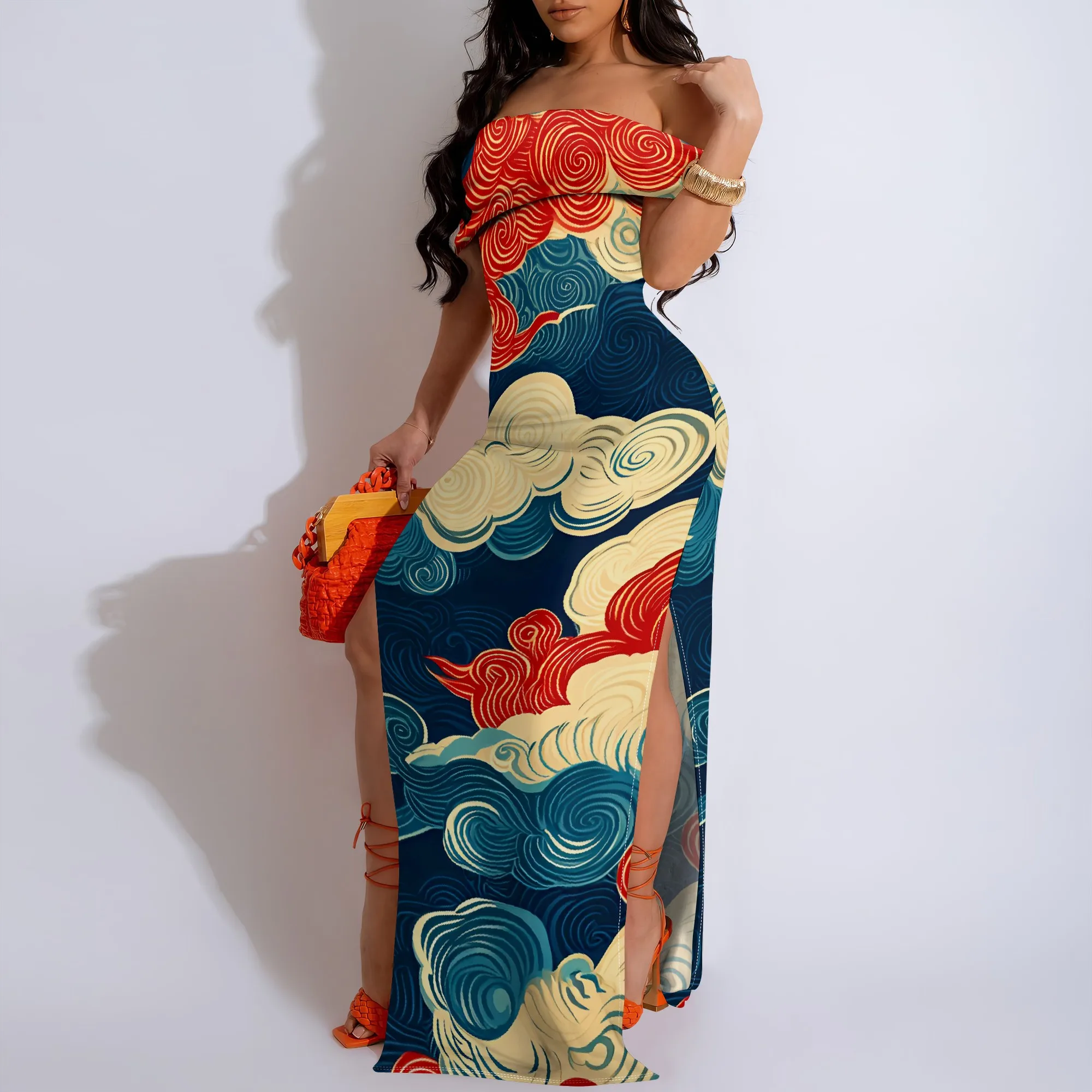 

Women's Summer Fashion Printed Short Sleeve Off-shoulder Splits On Both Sides Maxi Dress for Women Loose Casual Maxi Dress