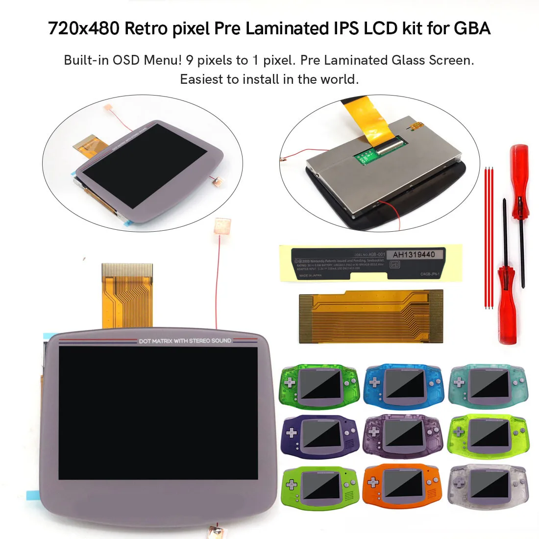 

V5 Laminated Drop In 3.0" IPS 720X480 Backlight Blacklit Retro Pixel LCD KIT For Game Boy Advance GBA With Housing Shell Case