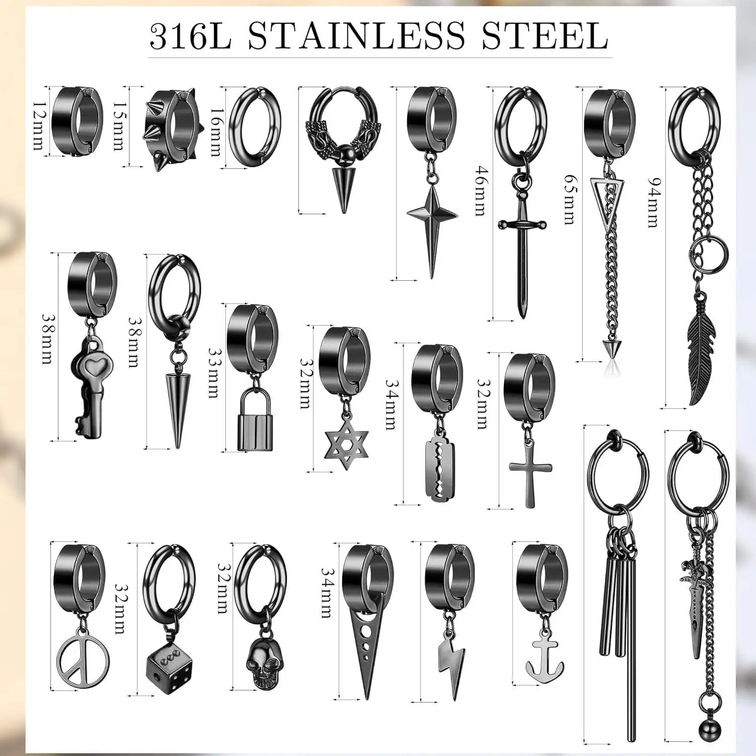 25 Pcs Clip on Earrings for Men Stainless Steel Cross Chain Dangle Earrings Black Fake Earrings for Men Women Gothic Punk Non Pierced Huggie Hoop Earrings Set