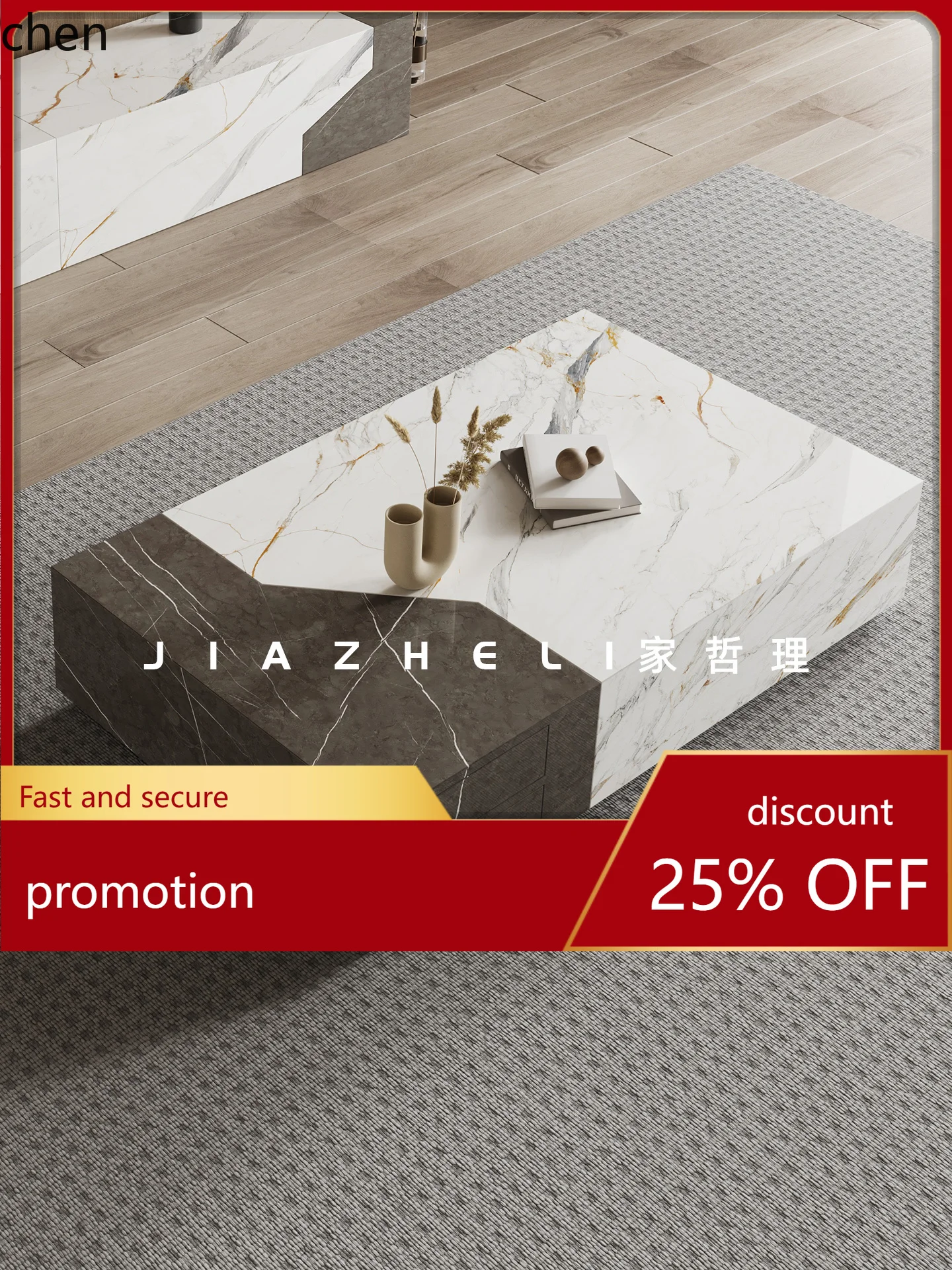 

HT New Marble Coffee Table Villa Living Room Coffee Table with Drawer Storage Square Coffee Table