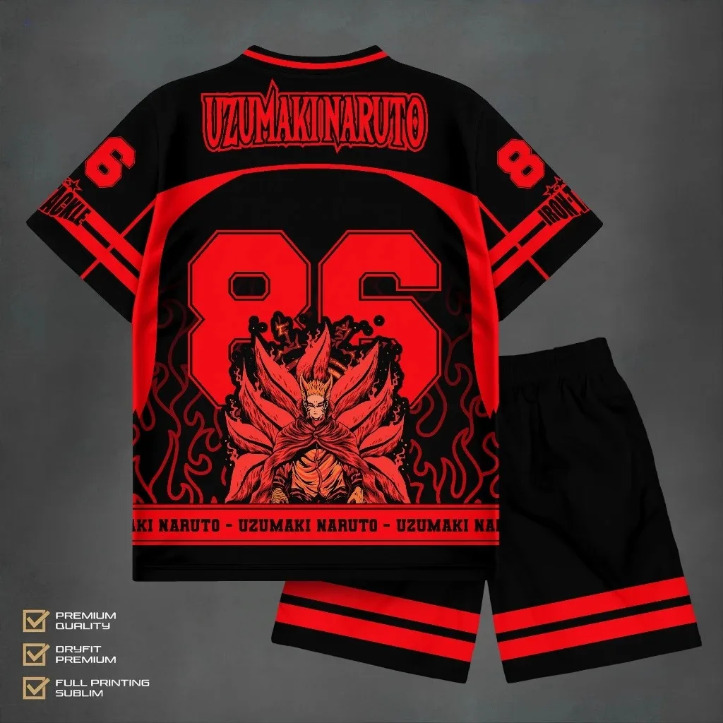 Naruto Uzumaki Baryon Mode Anime Print Jersey Set Adult Kid T-Shirt & Shorts 2Pcs Family Summer Breathable Quick Dry Sportswear