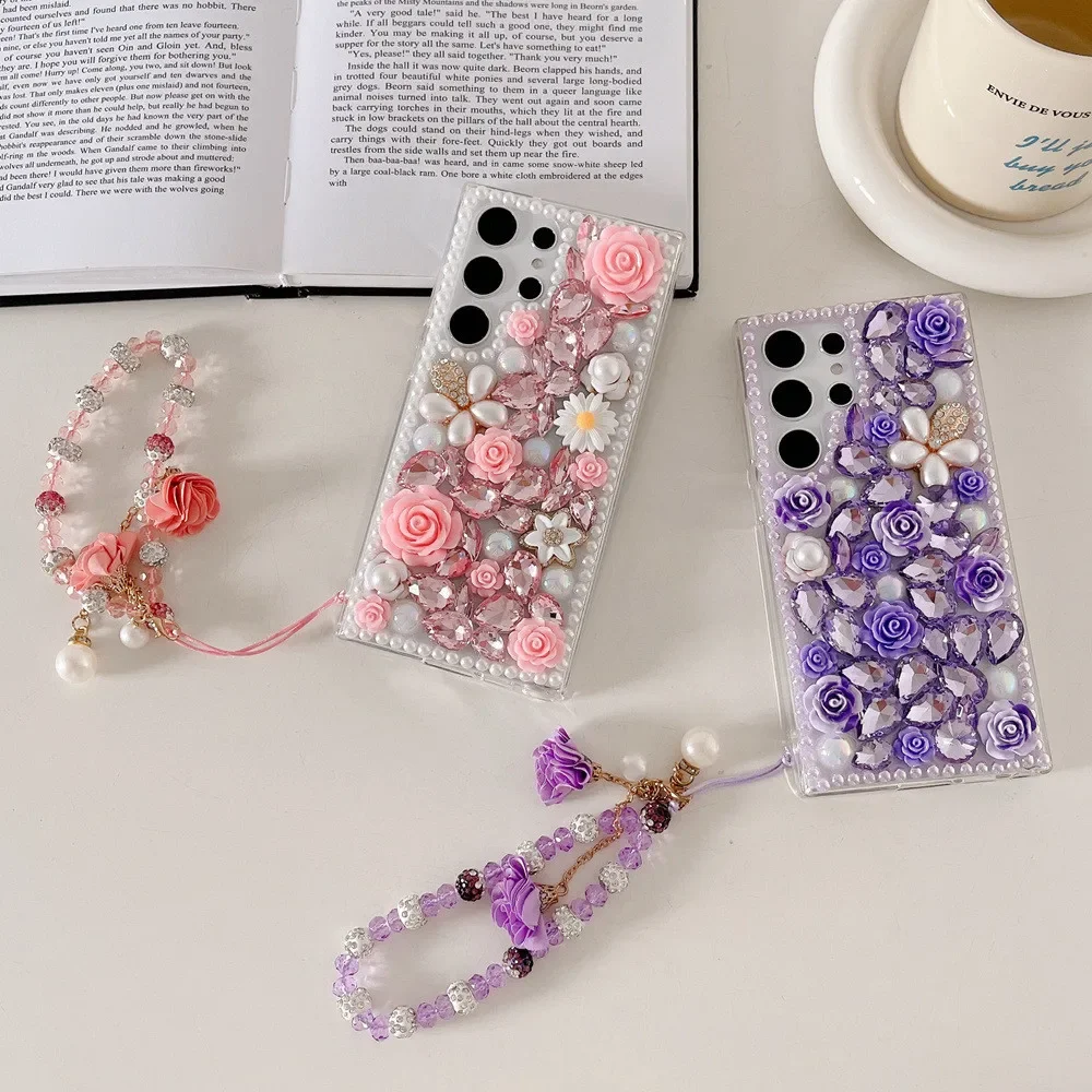 フルブリンブリンダイヤモンド椿の花ケース三星銀河 S25 S24 S23 S22 S21 S20 ウルトラプラス FE パールクリスタルハンドチェーンカバー