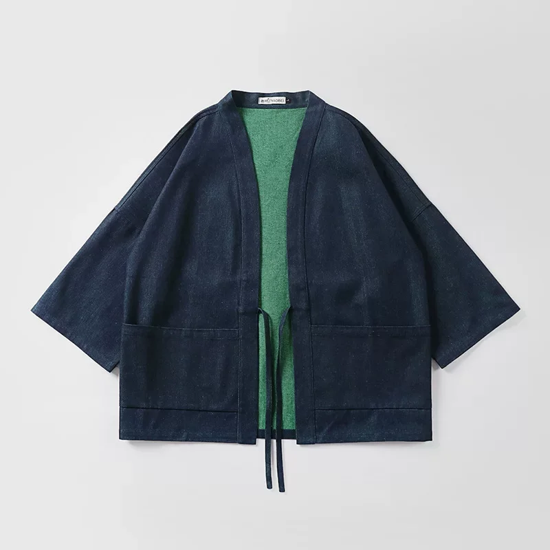 Reversible Japanese Kimono Men Denim Haori Jacket Plus Size  Double Sided Wear Noragi Vintage Indigo Dye Loose Coat