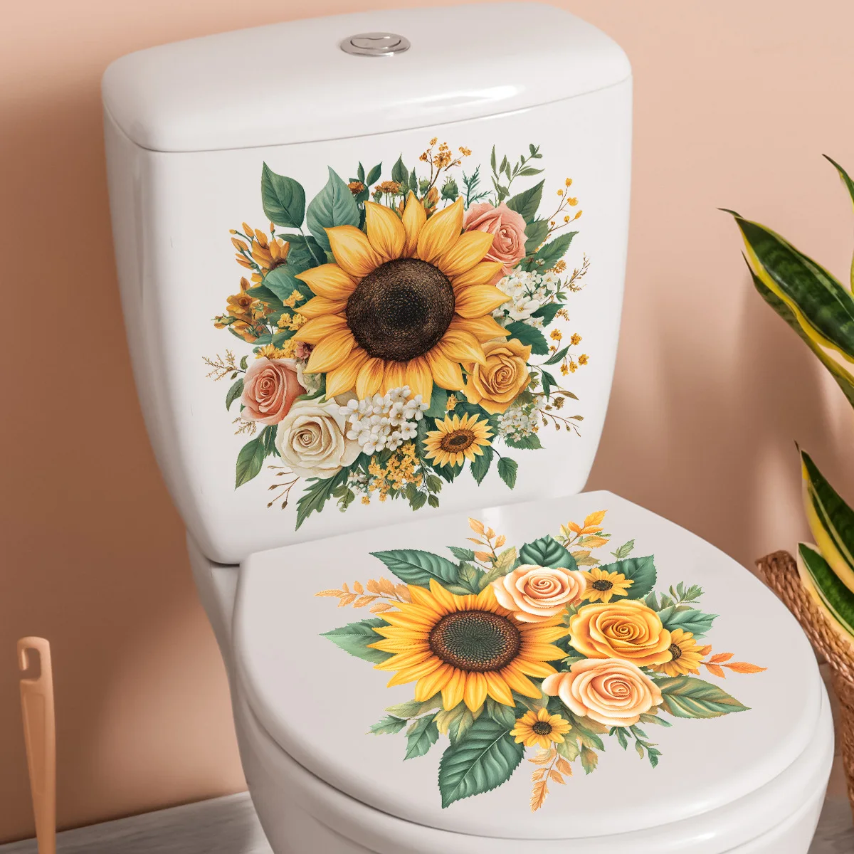 Lovely Sunflower Print Bathroom Sticker, Waterproof Self-stick Decorative Decal for Toilet Cover