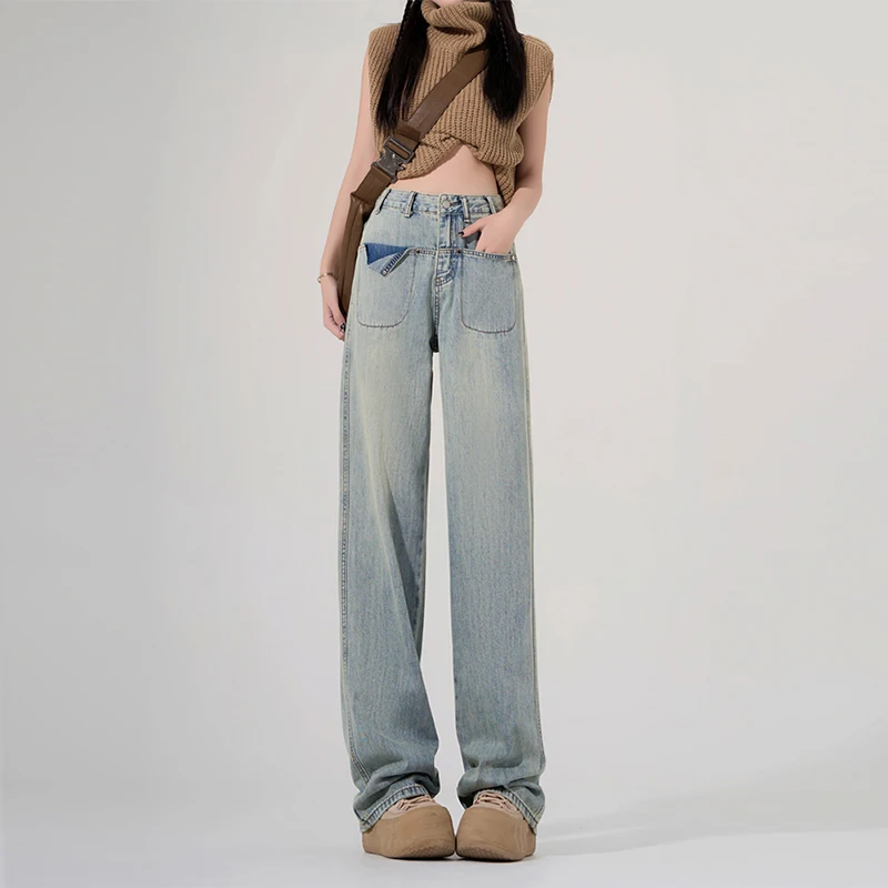 American Retro Blue Boyfriend Baggy Jeans For Women High Waist Casual Wide Leg Pants Femme Full Length Denim Trousers Summer Y2k
